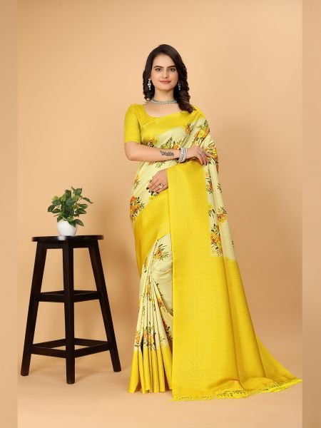 Kanjivaram Copper Zari Digital Print Yellow Saree Sale