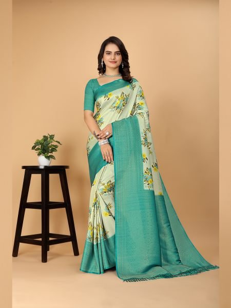 Kanjivaram Copper Zari Digital Print Rama Saree Printed Sarees