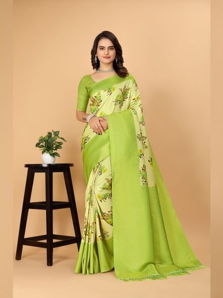 Kanjivaram Copper Zari Digital Print Pista Saree Printed Sarees