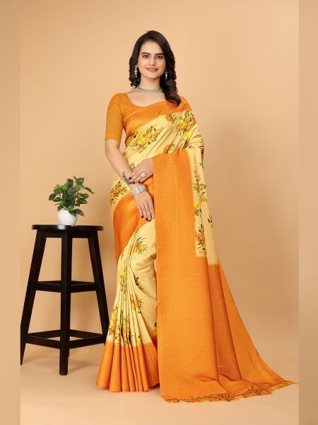 Kanjivaram Copper Zari Digital Print Orange Saree Sale