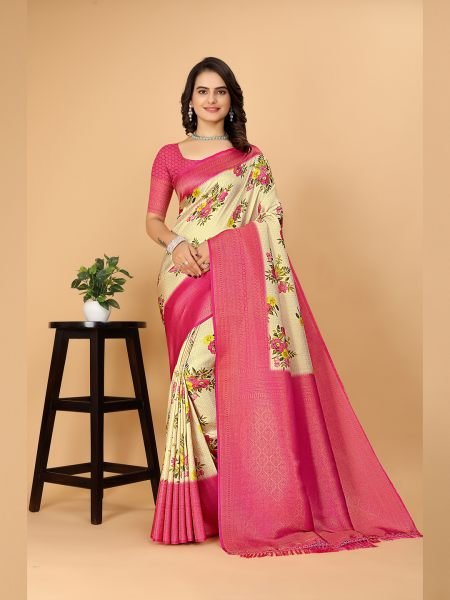Kanjivaram Copper Zari Digital Print Rani Saree Printed Sarees