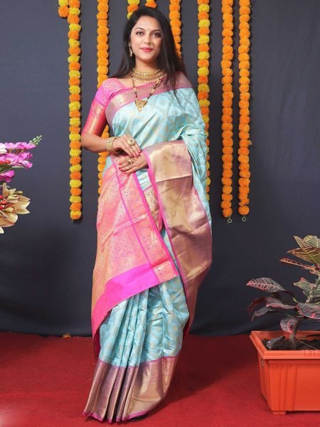 Kanjivaram Silk Saree with Rich Pallu with Unstitched Blouse Piece Daily Deals