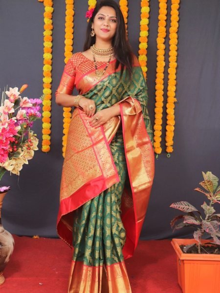 Kanjivaram Silk Saree with Rich Pallu with Unstitched Blouse Piece Daily Deals