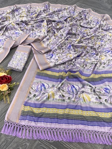 Lavender Cotton Silk Handloom Printed Saree with Tassel Border Pallu Sale
