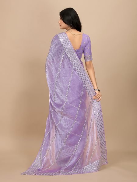 Lavender Embroidered sequins Organza Fabric with Scalloped Lace Border Designer Sarees