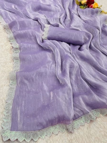 Lavender Organza Beads and Val Border Party Wear Saree Sale