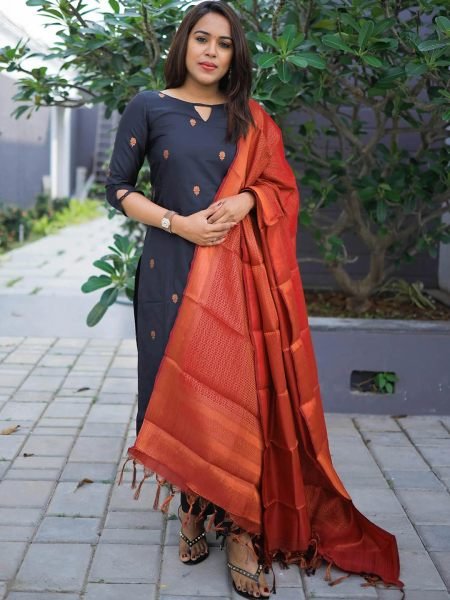 Lovely Women Jacquard Woven Silk Black Kurta With Pant   Dupatta Set Kurta Sets