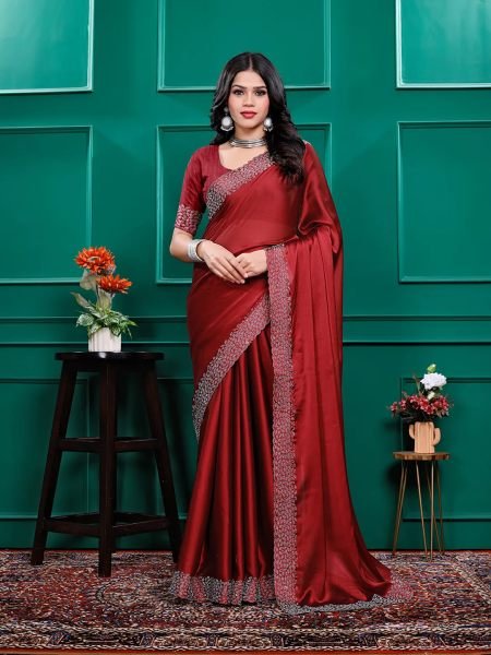 Luxury Silk Saree with Swarovski Diamond Lace Work   Unstitched Blouse Piece Designer Sarees