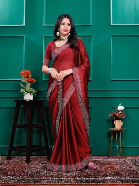 Luxury Silk Saree with Swarovski Diamond Lace Work   Unstitched Blouse Piece Designer Sarees
