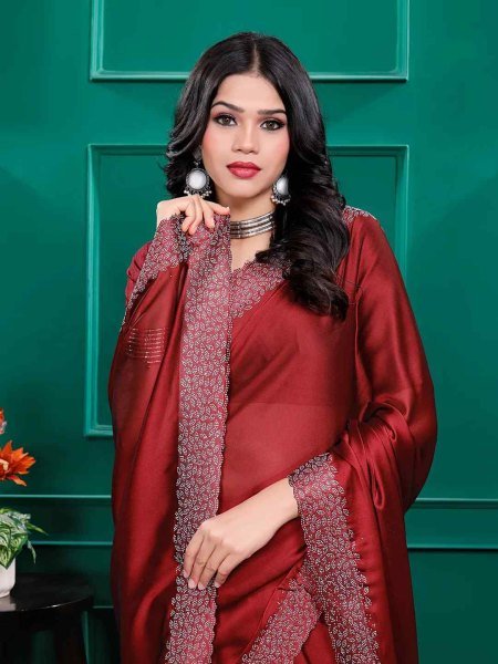 Luxury Silk Saree with Swarovski Diamond Lace Work   Unstitched Blouse Piece Designer Sarees