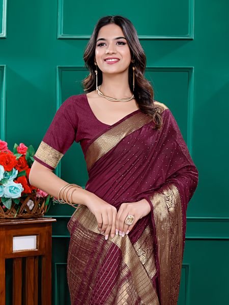 Maroon Banarasi Silk Zari Swarovski Crystal Work Saree Sale