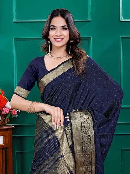 Blue Banarasi Silk Zari Swarovski Crystal Work Saree Sale