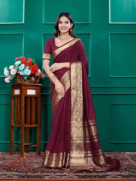 Maroon Banarasi Silk Zari Swarovski Crystal Work Saree Designer Sarees