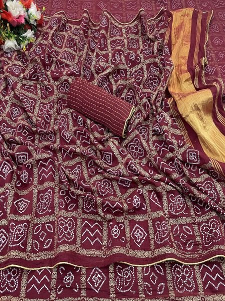 Maroon Bandhani Patola Print Saree with Zari Embellished Lagdi Patta Pallu Sale