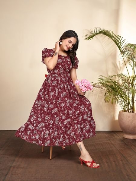 Maroon Elegant Floral Printed Georgette Anarkali Dress for Timeless Style Dresses
