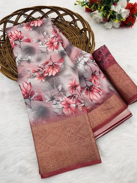 Maroon Moss Chiffon Digital Print Saree with Jacquard Zari Border Sale