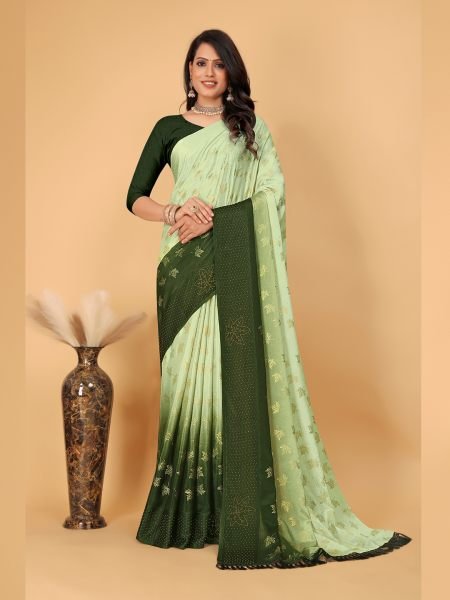 Mehendi Diamond Work Zari Butta Party Wear Saree  Sale