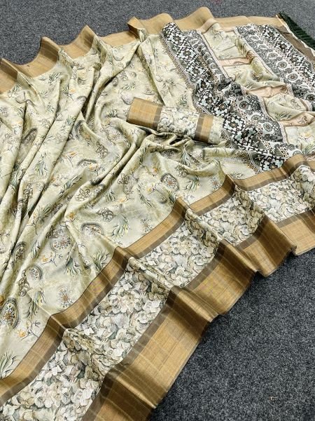 Mehendi Green Cotton Silk Handloom Printed Saree with Tassel Border Pallu Sale