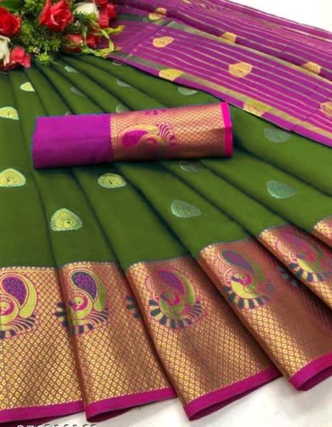 Mehendi Green Cotton Silk Jacquard Woven Banarasi Saree with Zari for Festive Occasions Sale