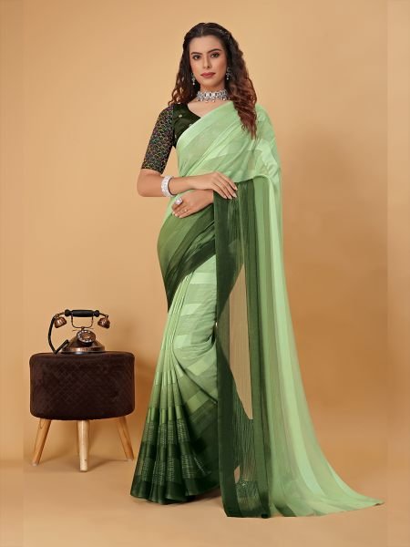 Mehendi Green Plain Satin Striped Georgette Saree Printed Sarees