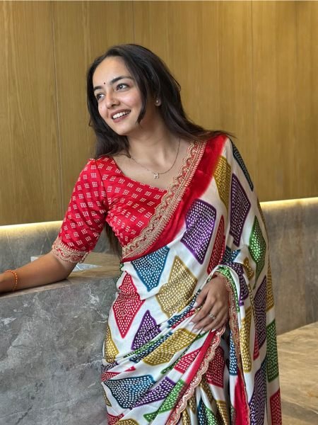 Modal Satin Silk Bandhani Printed Saree with Embroidered Border   Lace Work Printed Sarees