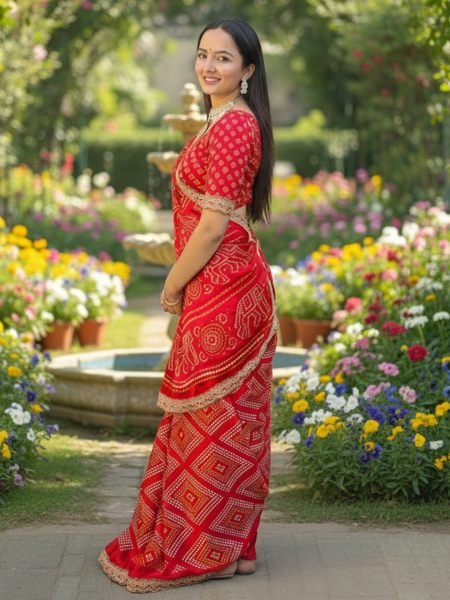 Modal Satin Silk Bandhani Printed Saree with Embroidered Border   Lace Work Printed Sarees