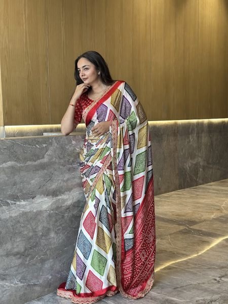 Modal Satin Silk Bandhani Printed Saree with Embroidered Border   Lace Work Printed Sarees