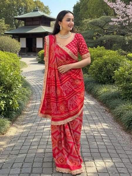 Modal Satin Silk Bandhani Printed Saree with Embroidered Border   Lace Work Printed Sarees