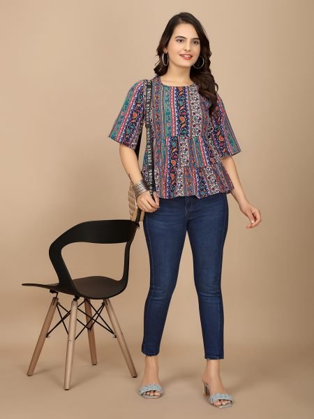 Multi Ethnic Print Peplum Crop Top with Boat Neck   Half Sleeves Tops & Tshirts