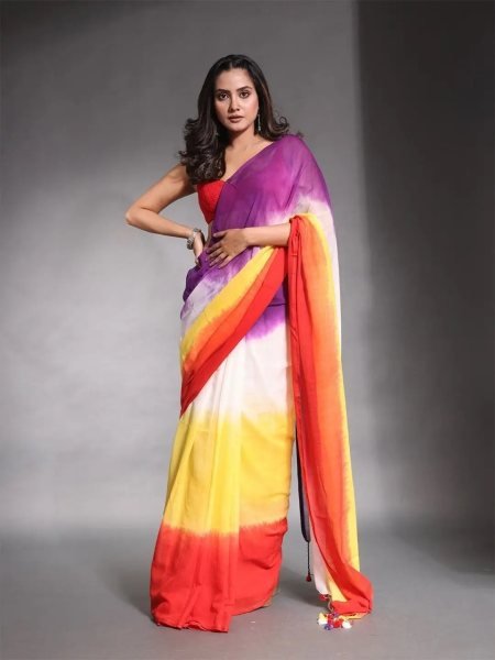 Multicolor Striped Cotton Linen Printed Saree Daily Deals