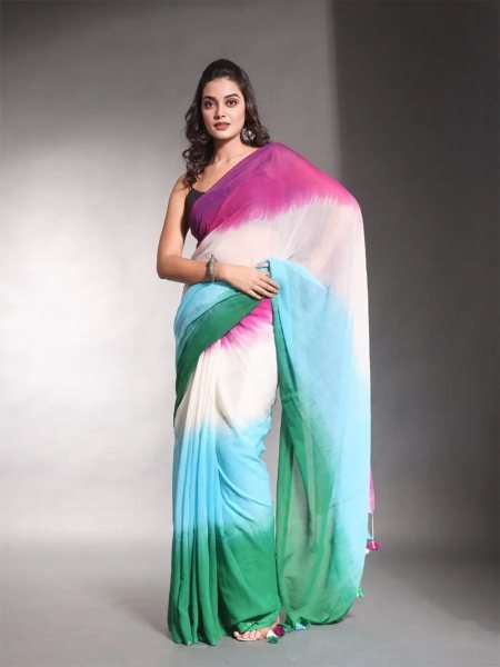 Multicolor Striped Cotton Linen Printed Saree Daily Deals