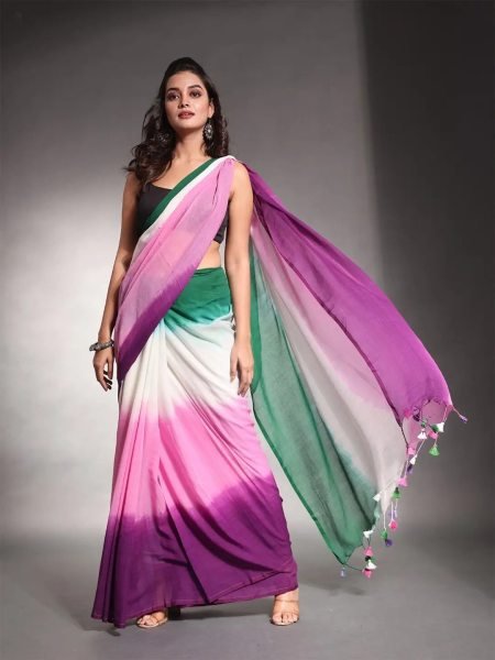 Multicolor Striped Cotton Linen Printed Saree Daily Deals