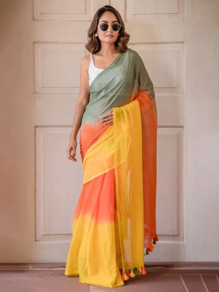 Multicolor Striped Cotton Linen Printed Saree Daily Deals