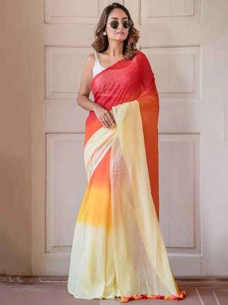 Multicolor Striped Cotton Linen Printed Saree Daily Deals