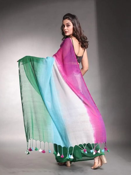 Multicolor Striped Cotton Linen Printed Saree Printed Sarees