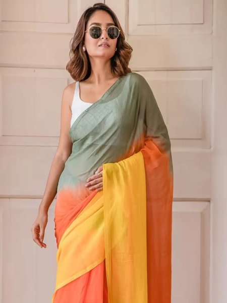 Multicolor Striped Cotton Linen Printed Saree Printed Sarees
