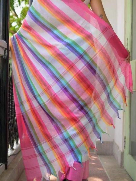Multicolor Striped Cotton Linen Printed Saree Printed Sarees