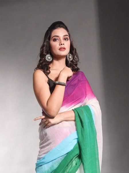 Multicolor Striped Cotton Linen Printed Saree Printed Sarees