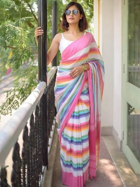Multicolor Striped Cotton Linen Printed Saree Printed Sarees