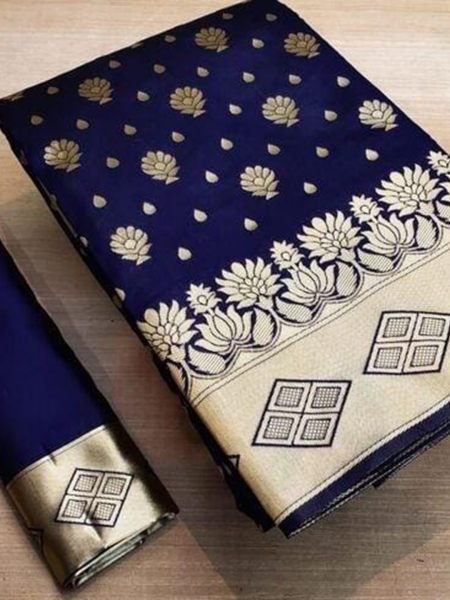 Navy Blue Banarasi Pure Silk Saree with Gold Zari for Weddings Sale