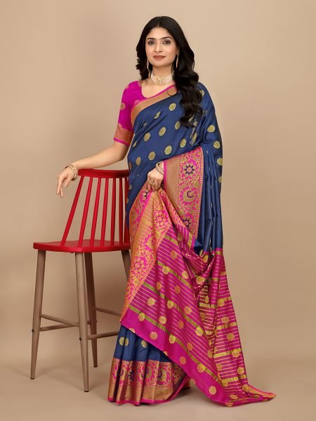 Navy Blue Ready To Wear Cotton Silk Woven Zari Jacquard Banarasi Traditional Saree Banarasi Sarees