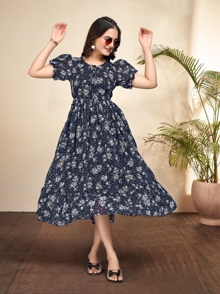 Blue Elegant Floral Printed Georgette Anarkali Dress for Timeless Style Dresses