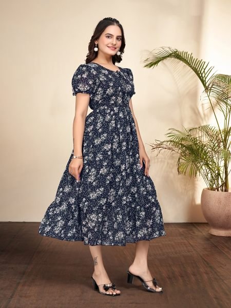 Blue Elegant Floral Printed Georgette Anarkali Dress for Timeless Style Dresses