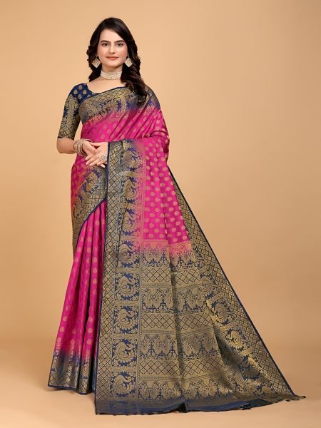 Navy Blue   Pink Woven Banarasi Nylon Pure Silk Saree Kanjivaram Sarees