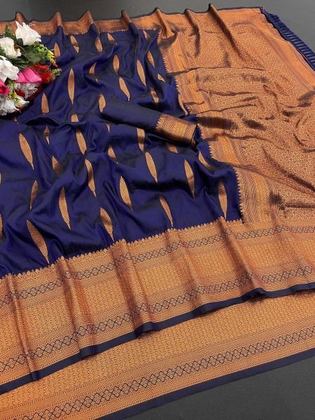 Navy Blue Pure Silk Banarasi Saree with Gold Zari Jacquard Weaving Sale
