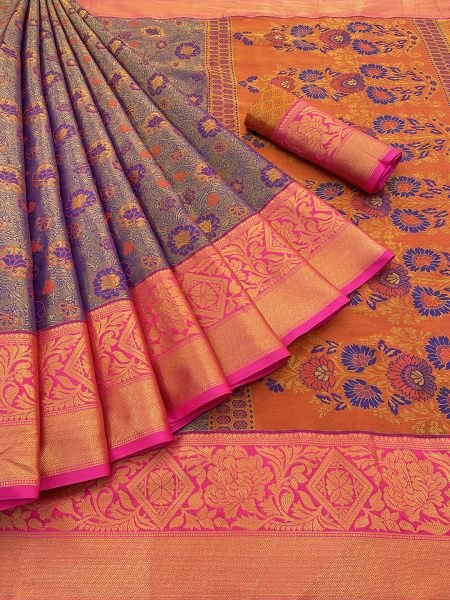 Navy Blue Pure Silk Dharmavaram Pattu Saree with Exquisite Jacquard Zari Weaving Sale
