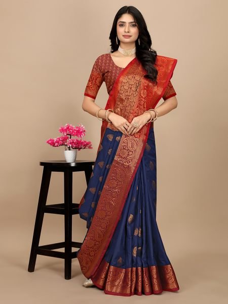 Navy Blue Pure Silk Fabric Jacquard Copper Zari Authentic Kanjivaram Elegance Pattu Sarees