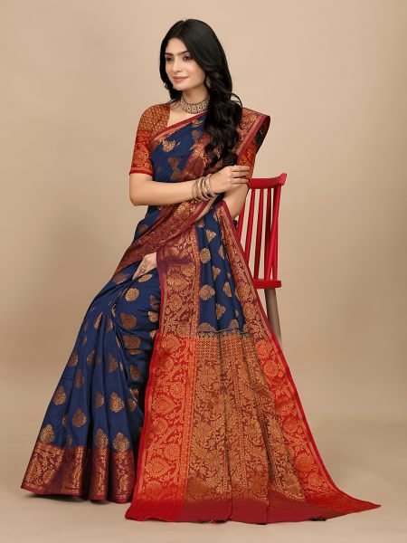 Navy Blue Pure Silk Fabric Jacquard Copper Zari Authentic Kanjivaram Elegance Sale