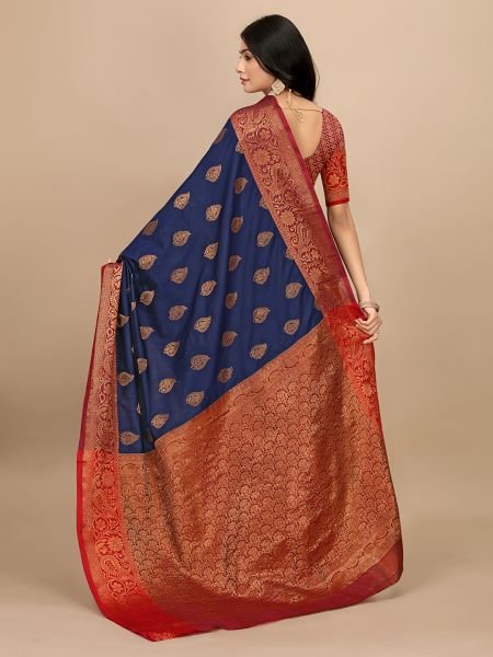 Navy Blue Pure Silk Fabric Jacquard Copper Zari Authentic Kanjivaram Elegance Banarasi Sarees