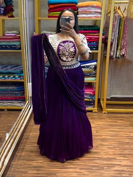 New Designer Purple Lehenga Saree With Stitch Embroidery Blouse Lehenga